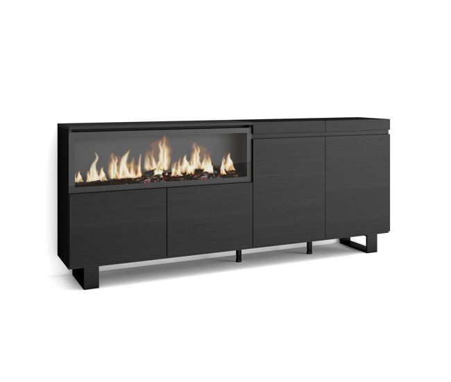 Aparador para salón, gran capacidad de almacenaje, 208x35x87cm, 4 puertas, chimenea eléctrica xxl, diseño industrial, estilo moderno, negro