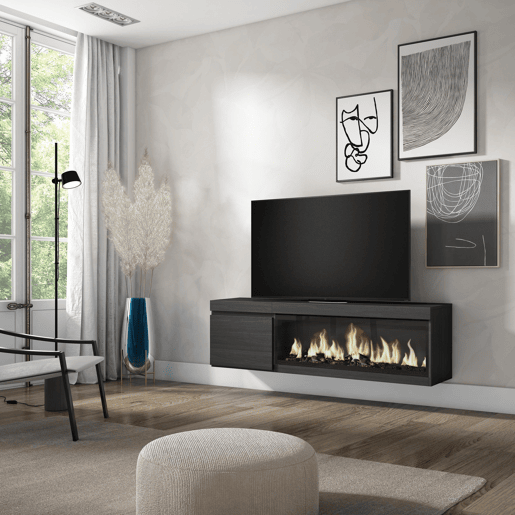 Móvel de TV, Muito espaço de arrumação, 158x35x45cm, Para televisores até 65, Lareira eléctrica XXL, Suspensos, Estilo moderno, Preto