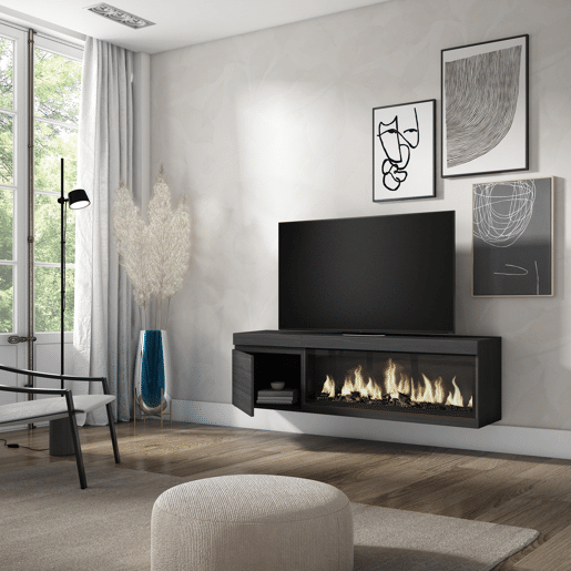 Móvel de TV, Muito espaço de arrumação, 158x35x45cm, Para televisores até 65, Lareira eléctrica XXL, Suspensos, Estilo moderno, Preto