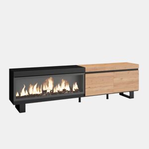 Móvel de TV, Muito espaço de arrumação, 208x35x57cm, Para televisores até 80, Lareira eléctrica XXL, Design industrial, Estilo moderno, Carvalho e preto