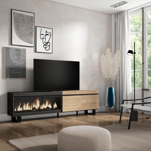 Móvel de TV, Muito espaço de arrumação, 208x35x57cm, Para televisores até 80, Lareira eléctrica XXL, Design industrial, Estilo moderno, Carvalho e preto