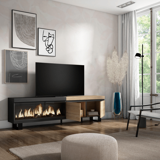 Móvel de TV, Muito espaço de arrumação, 208x35x57cm, Para televisores até 80, Lareira eléctrica XXL, Design industrial, Estilo moderno, Carvalho e preto