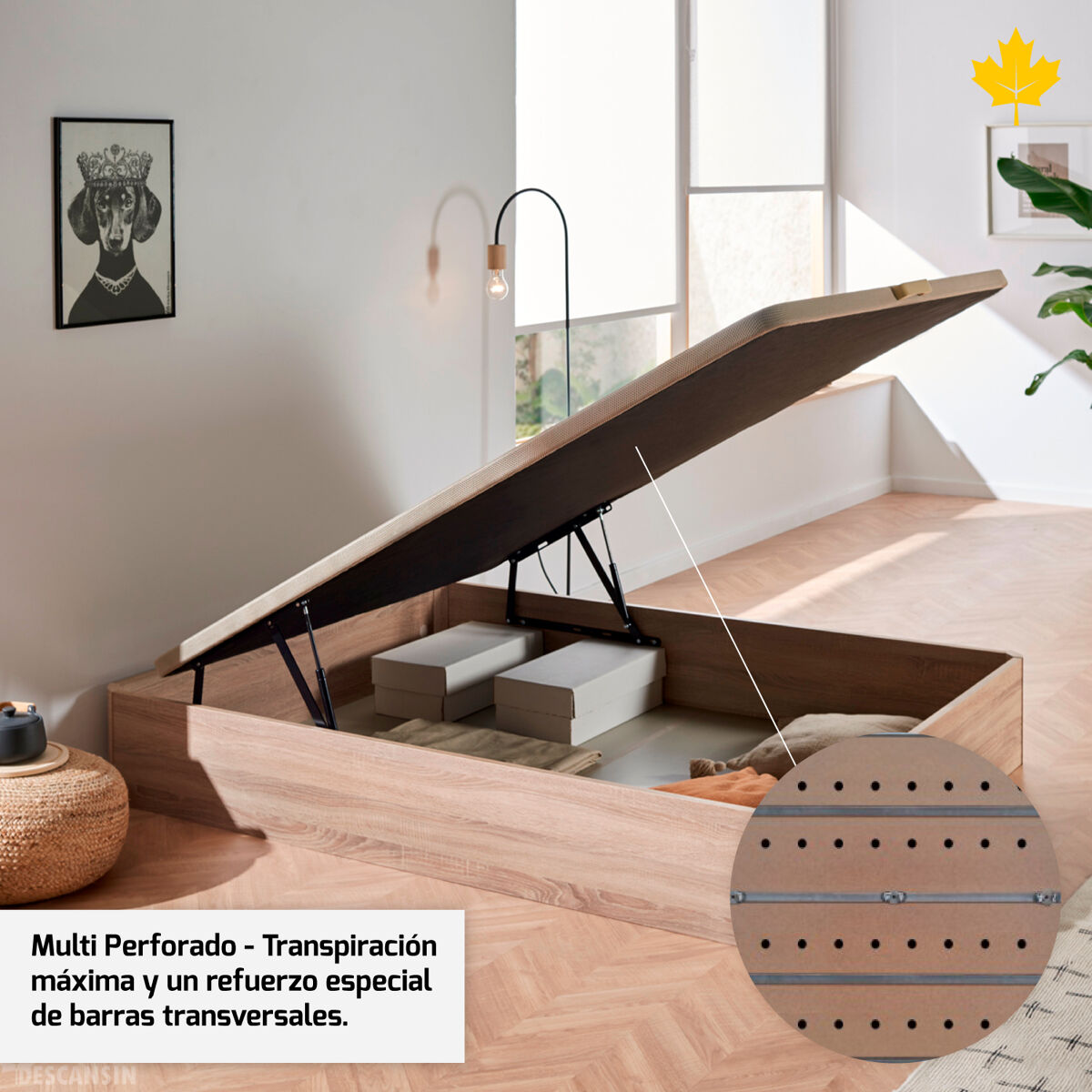 DESCANSIN Pack Colchón + Canapé Abatible De Madera 135x190 Cerezo – Cama Matrimonial Con Canapé De 28cm De Alto