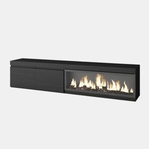 Móvel de TV, Muito espaço de arrumação, 208x35x45cm, Para televisores até 80, Lareira eléctrica XXL, Suspensos, Estilo moderno, Preto