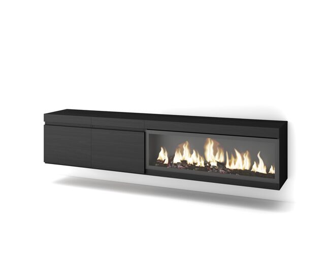 Mueble tv, televisión, muebles de salón, almacenaje, 208x35x45cm, para tv hasta 80", chimenea eléctrica xxl, colgado, suspendido, estilo moderno, negro