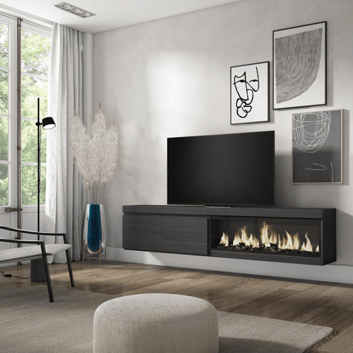 Móvel de TV, Muito espaço de arrumação, 208x35x45cm, Para televisores até 80, Lareira eléctrica XXL, Suspensos, Estilo moderno, Preto