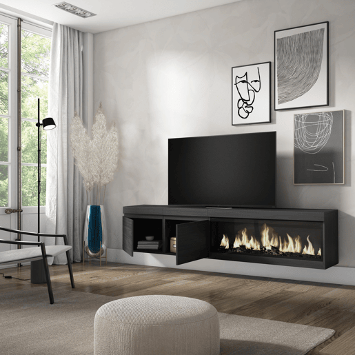 Móvel de TV, Muito espaço de arrumação, 208x35x45cm, Para televisores até 80, Lareira eléctrica XXL, Suspensos, Estilo moderno, Preto