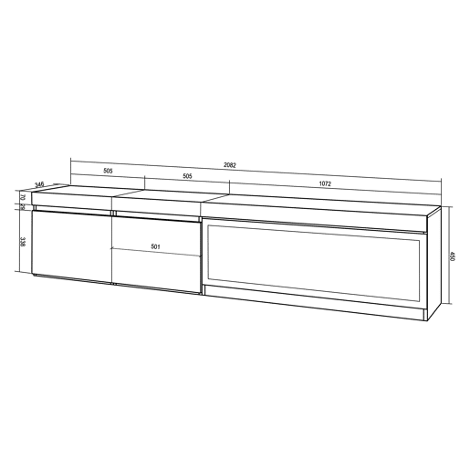 Móvel de TV, Muito espaço de arrumação, 208x35x45cm, Para televisores até 80, Lareira eléctrica XXL, Suspensos, Estilo moderno, Preto