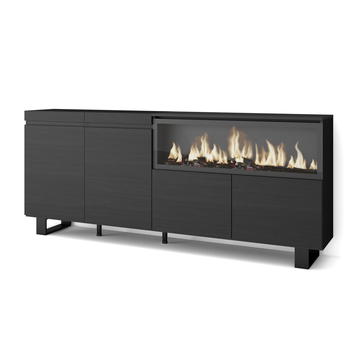 Aparador para salón, gran capacidad de almacenaje, 208x35x87cm, 4 puertas, chimenea eléctrica xxl, diseño industrial, estilo moderno, negro