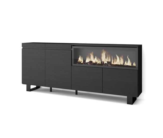 Aparador para salón, gran capacidad de almacenaje, 208x35x87cm, 4 puertas, chimenea eléctrica xxl, diseño industrial, estilo moderno, negro