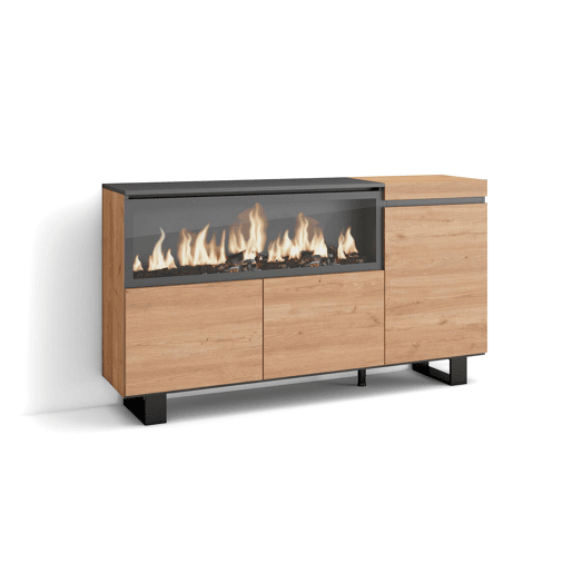 Aparador sala de jantar, Sala, Cozinha, Entrada, TV, 158x35x75cm, 3 Portas, Lareira eléctrica XXL, Design industrial, Estilo moderno, Carvalho