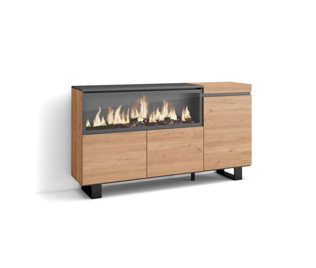 Aparador para salón, gran capacidad de almacenaje, 158x35x87cm, 3 puertas, chimenea eléctrica xxl, diseño industrial, estilo moderno, roble