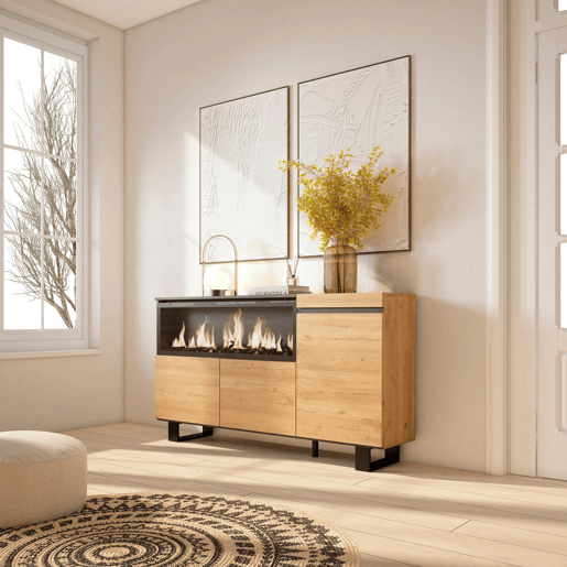 Aparador sala de jantar, Sala, Cozinha, Entrada, TV, 158x35x75cm, 3 Portas, Lareira eléctrica XXL, Design industrial, Estilo moderno, Carvalho