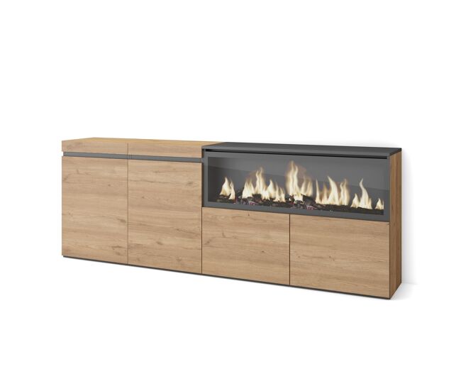 Aparador para salón, gran capacidad de almacenaje, 208x35x75cm, 4 puertas, chimenea eléctrica xxl, estilo moderno, roble