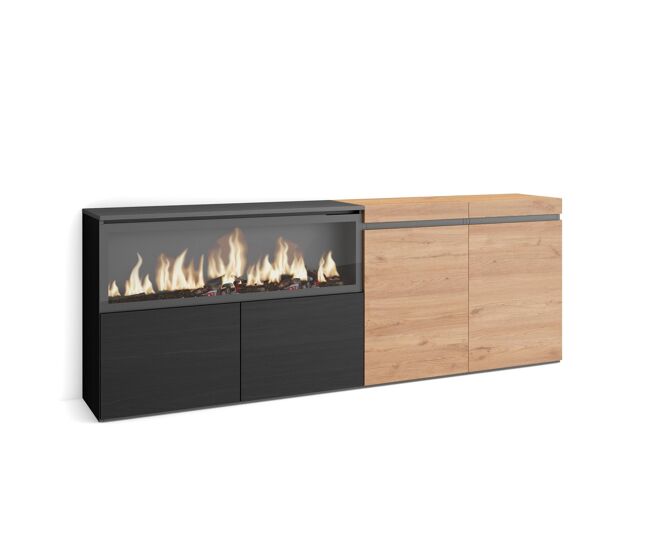 Aparador para salón, gran capacidad de almacenaje, 208x35x75cm, 4 puertas, chimenea eléctrica xxl, estilo moderno, roble y negro