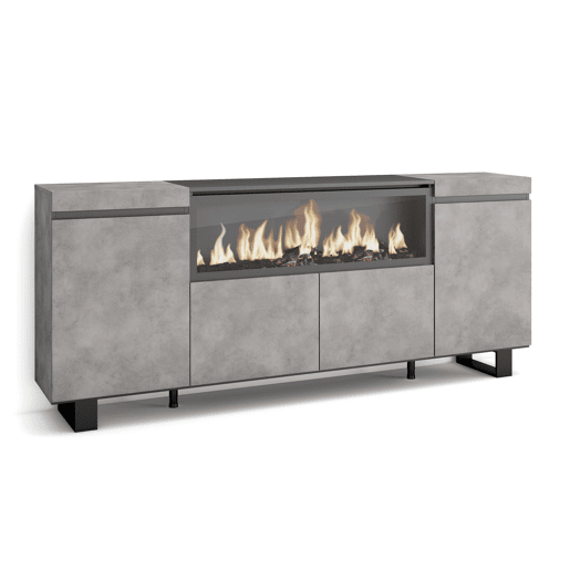Aparador sala de jantar, Sala, Cozinha, Entrada, TV, 208x35x87cm, 4 Portas, Lareira eléctrica XXL, Design industrial, Estilo moderno, Cimento