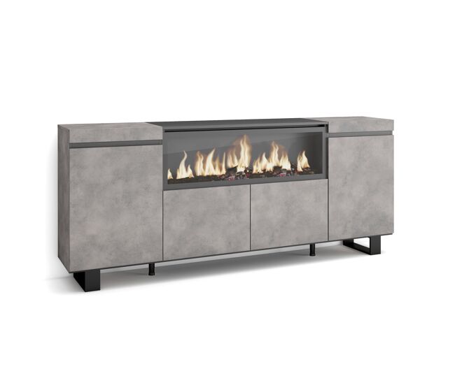 Aparador para salón, gran capacidad de almacenaje, 208x35x87cm, 4 puertas, chimenea eléctrica xxl, diseño industrial, estilo moderno, cemento