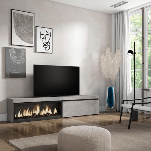 Móvel de TV, Muito espaço de arrumação, 208x35x45cm, Para televisores até 80, Lareira eléctrica XXL, Estilo moderno, Cimento Móvel de TV, Muito espaço de arrumação, 208x35x45cm, Para televisores até 80, Lareira eléctrica XXL, Estilo moderno, Cimento