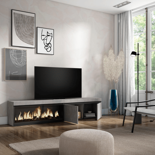 Móvel de TV, Muito espaço de arrumação, 208x35x45cm, Para televisores até 80, Lareira eléctrica XXL, Estilo moderno, Cimento Móvel de TV, Muito espaço de arrumação, 208x35x45cm, Para televisores até 80, Lareira eléctrica XXL, Estilo moderno, Cimento