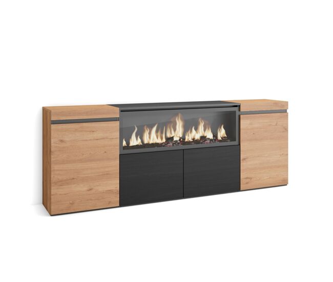 Aparador para salón, gran capacidad de almacenaje, 208x35x75cm, 4 puertas, chimenea eléctrica xxl, estilo moderno, roble y negro