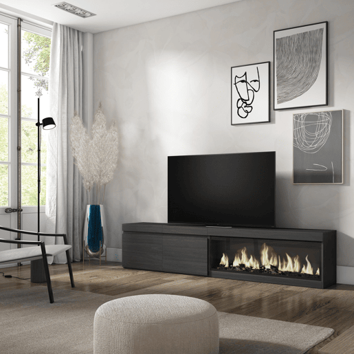 Móvel de TV, Muito espaço de arrumação, 208x35x45cm, Para televisores até 80, Lareira eléctrica XXL, Estilo moderno, Preto Móvel de TV, Muito espaço de arrumação, 208x35x45cm, Para televisores até 80, Lareira eléctrica XXL, Estilo moderno, Preto
