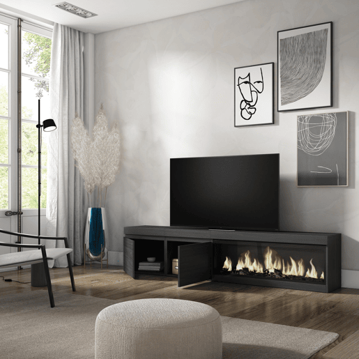 Móvel de TV, Muito espaço de arrumação, 208x35x45cm, Para televisores até 80, Lareira eléctrica XXL, Estilo moderno, Preto Móvel de TV, Muito espaço de arrumação, 208x35x45cm, Para televisores até 80, Lareira eléctrica XXL, Estilo moderno, Preto