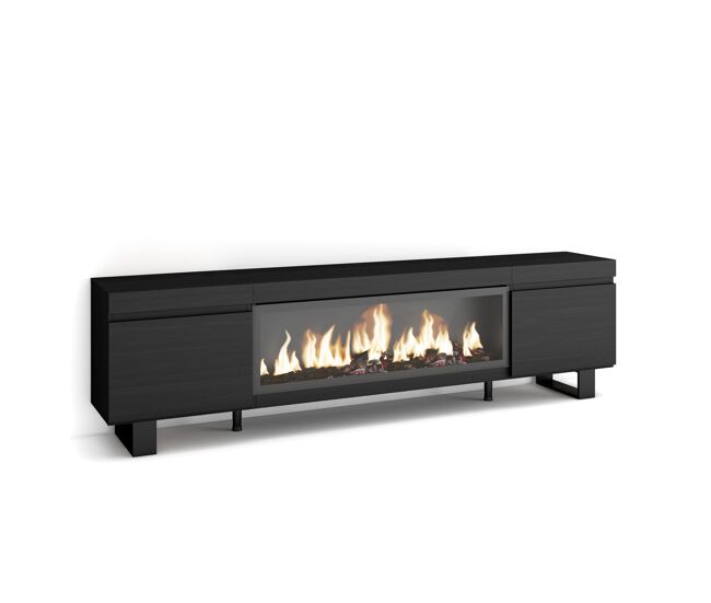 Mueble tv, televisión, muebles de salón, almacenaje, 208x35x57cm, para tv hasta 80", chimenea eléctrica xxl, diseño industrial, estilo moderno, negro
