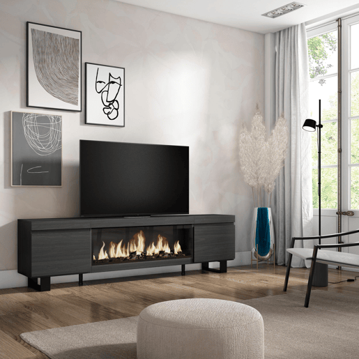 Móvel de TV, Muito espaço de arrumação, 208x35x57cm, Para televisores até 80, Lareira eléctrica XXL, Design industrial, Estilo moderno, Preto