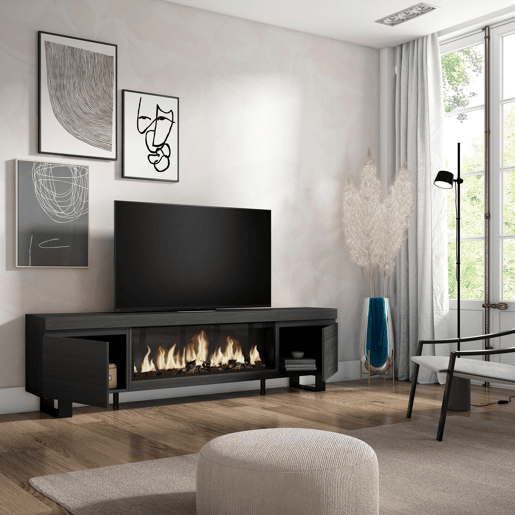 Móvel de TV, Muito espaço de arrumação, 208x35x57cm, Para televisores até 80, Lareira eléctrica XXL, Design industrial, Estilo moderno, Preto