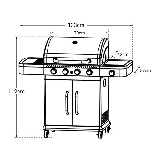 COOK'IN GARDEN - Barbecue a gás FIDGI 4 com termómetro - 4 queimadores + fogão de 14,5kW