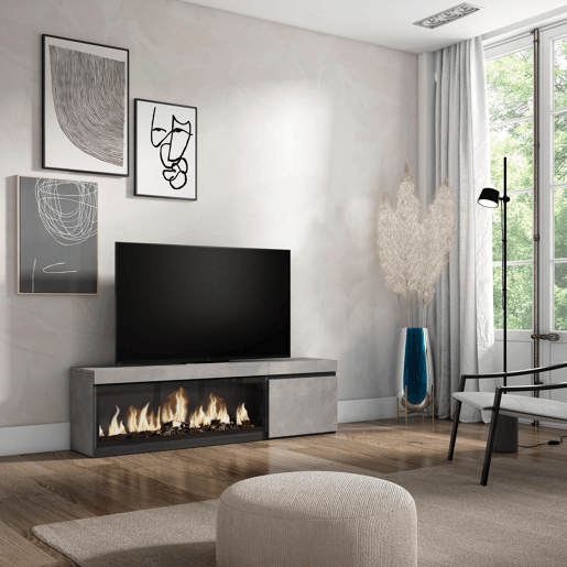 Móvel de TV, Muito espaço de arrumação, 158x35x45cm, Para televisores até 65, Lareira eléctrica XXL, Estilo moderno, Cimento