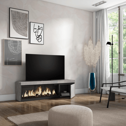 Móvel de TV, Muito espaço de arrumação, 158x35x45cm, Para televisores até 65, Lareira eléctrica XXL, Estilo moderno, Cimento