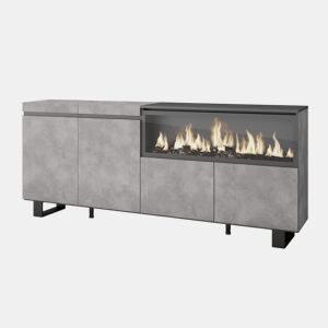 Aparador sala de jantar, Sala, Cozinha, Entrada, TV, 208x35x87cm, 4 Portas, Lareira eléctrica XXL, Design industrial, Estilo moderno, Cimento