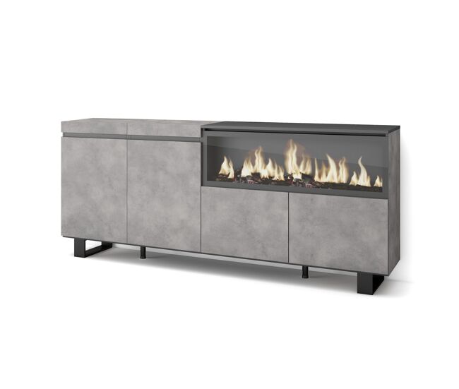 Aparador para salón, gran capacidad de almacenaje, 208x35x87cm, 4 puertas, chimenea eléctrica xxl, diseño industrial, estilo moderno, cemento
