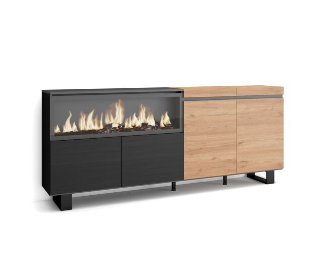 Aparador para salón, gran capacidad de almacenaje, 208x35x87cm, 4 puertas, chimenea eléctrica xxl, diseño industrial, estilo moderno, roble y negro