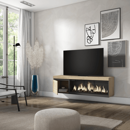 Móvel de TV, Muito espaço de arrumação, 158x35x45cm, Para televisores até 65, Lareira eléctrica XXL, Suspensos, Estilo moderno, Carvalho Móvel de TV, Muito espaço de arrumação, 158x35x45cm, Para televisores até 65, Lareira eléctrica XXL, Suspensos, Estilo moderno, Carvalho