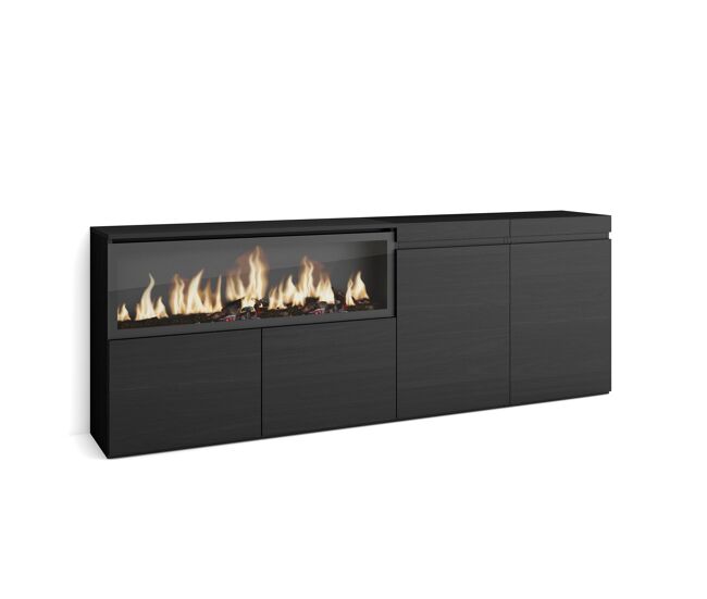Aparador para salón, gran capacidad de almacenaje, 208x35x75cm, 4 puertas, chimenea eléctrica xxl, estilo moderno, negro