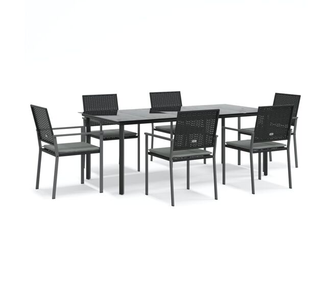 Juego comedor jardin 7 piezas y cojines ratán sintético y acero longitud mesa 200 cm