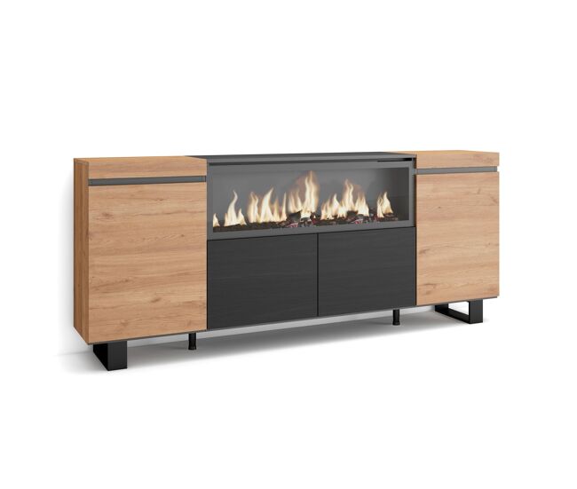 Aparador para salón, gran capacidad de almacenaje, 208x35x87cm, 4 puertas, chimenea eléctrica xxl, diseño industrial, estilo moderno, roble y negro