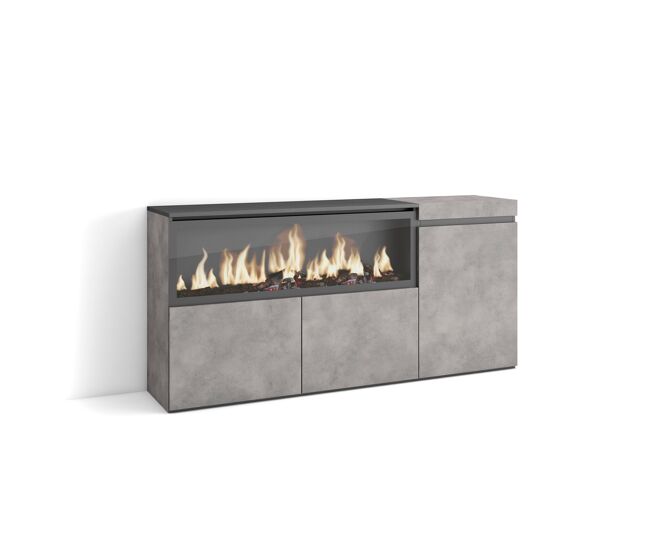 Aparador para salón, gran capacidad de almacenaje, 158x35x75cm, 3 puertas, chimenea eléctrica xxl, estilo moderno, cemento