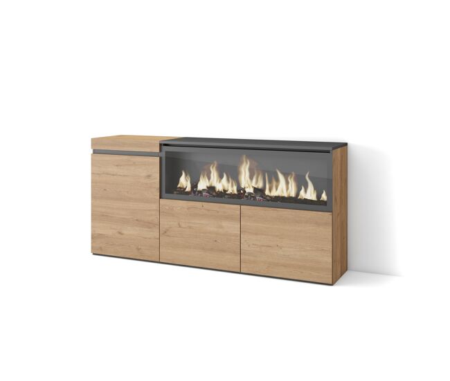 Aparador para salón, gran capacidad de almacenaje, 158x35x75cm, 3 puertas, chimenea eléctrica xxl, estilo moderno, roble
