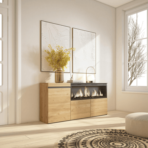 Aparador sala de jantar, Sala, Cozinha, Entrada, TV, 158x35x75cm, 3 Portas, Lareira eléctrica XXL, Estilo moderno, Carvalho Aparador sala de jantar, Sala, Cozinha, Entrada, TV, 158x35x75cm, 3 Portas, Lareira eléctrica XXL, Estilo moderno, Carvalho
