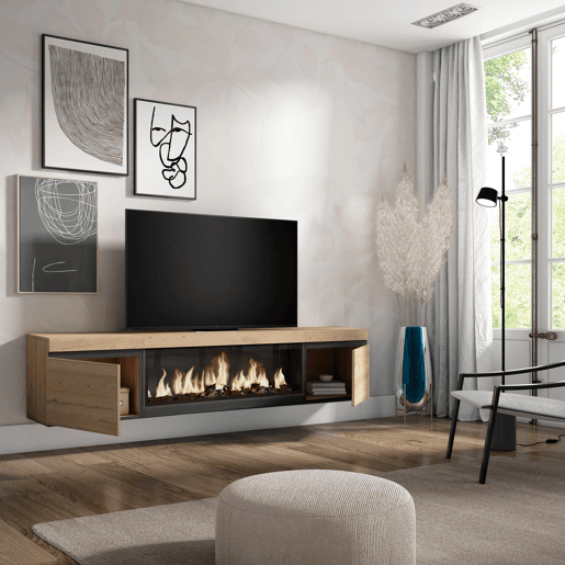 Móvel de TV, Muito espaço de arrumação, 208x35x45cm, Para televisores até 80, Lareira eléctrica XXL, Suspensos, Estilo moderno, Carvalho