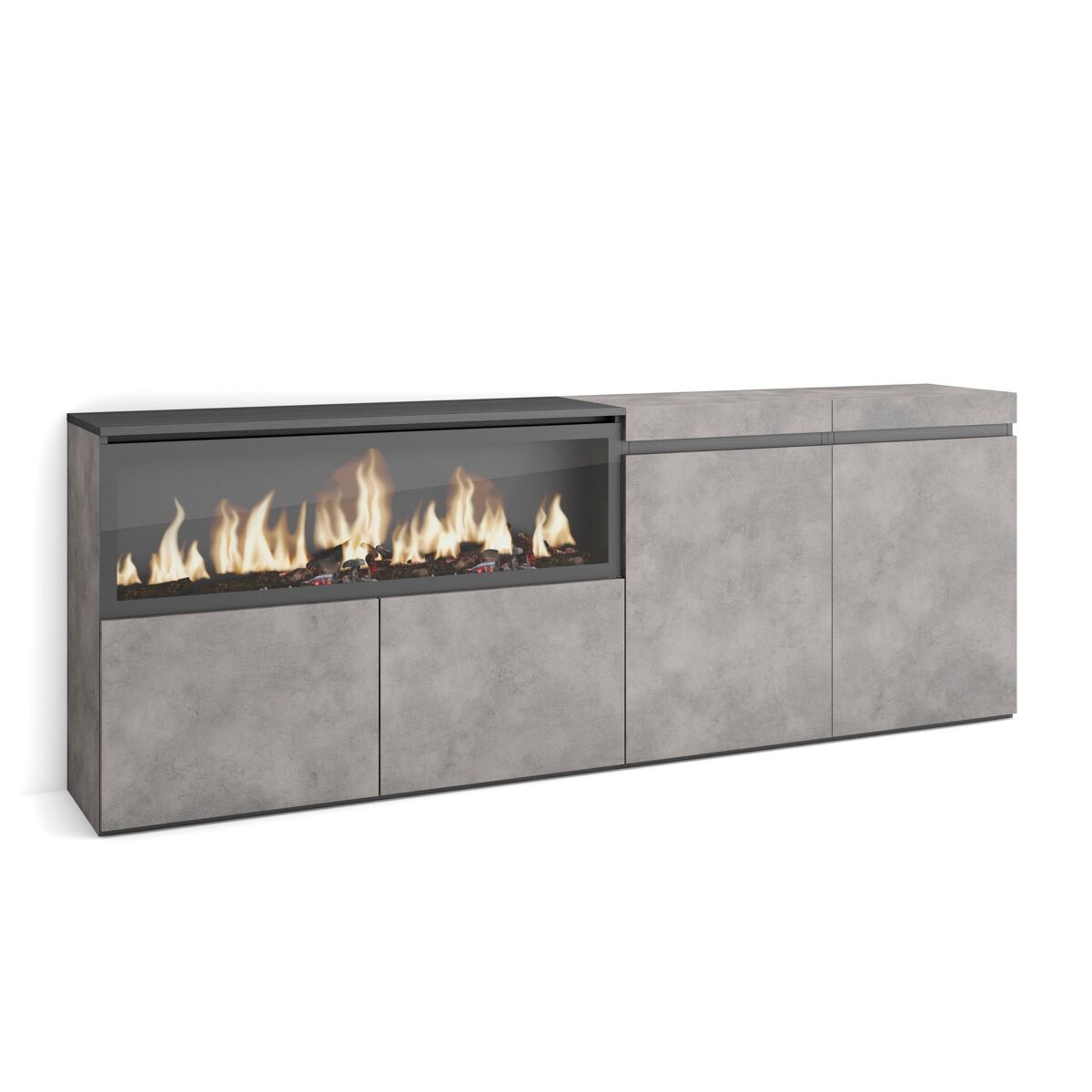 Aparador para salón, gran capacidad de almacenaje, 208x35x75cm, 4 puertas, chimenea eléctrica xxl, estilo moderno, cemento