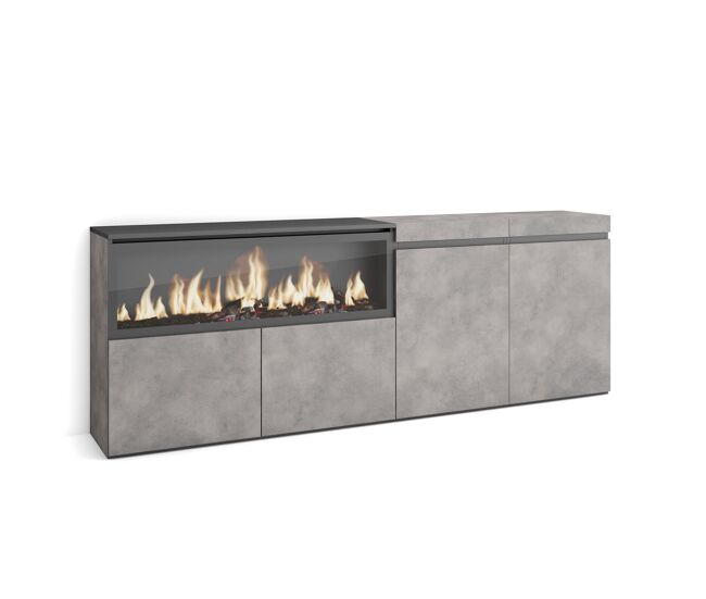Aparador para salón, gran capacidad de almacenaje, 208x35x75cm, 4 puertas, chimenea eléctrica xxl, estilo moderno, cemento