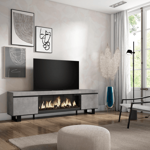 Móvel de TV, Muito espaço de arrumação, 208x35x57cm, Para televisores até 80, Lareira eléctrica XXL, Design industrial, Estilo moderno, Cimento Móvel de TV, Muito espaço de arrumação, 208x35x57cm, Para televisores até 80, Lareira eléctrica XXL, Design industrial, Estilo moderno, Cimento