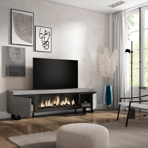 Móvel de TV, Muito espaço de arrumação, 208x35x57cm, Para televisores até 80, Lareira eléctrica XXL, Design industrial, Estilo moderno, Cimento Móvel de TV, Muito espaço de arrumação, 208x35x57cm, Para televisores até 80, Lareira eléctrica XXL, Design industrial, Estilo moderno, Cimento