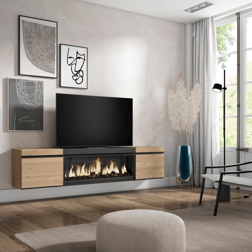 Móvel de TV, Muito espaço de arrumação, 208x35x45cm, Para televisores até 80, Lareira eléctrica XXL, Suspensos, Estilo moderno, Carvalho e preto Móvel de TV, Muito espaço de arrumação, 208x35x45cm, Para televisores até 80, Lareira eléctrica XXL, Suspensos, Estilo moderno, Carvalho e preto
