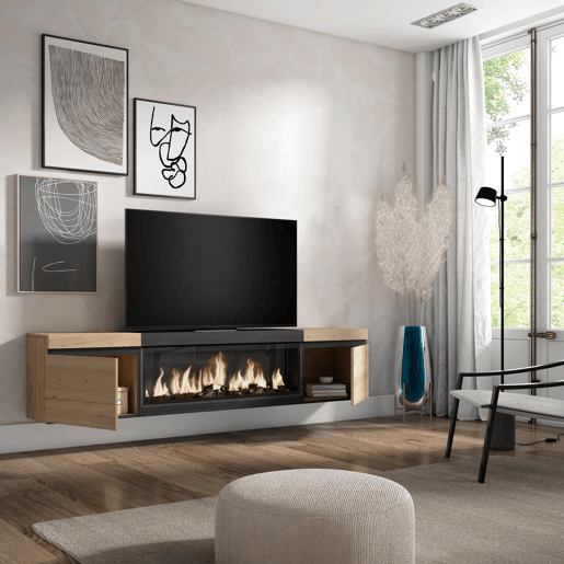 Móvel de TV, Muito espaço de arrumação, 208x35x45cm, Para televisores até 80, Lareira eléctrica XXL, Suspensos, Estilo moderno, Carvalho e preto Móvel de TV, Muito espaço de arrumação, 208x35x45cm, Para televisores até 80, Lareira eléctrica XXL, Suspensos, Estilo moderno, Carvalho e preto