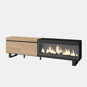Móvel de TV, Muito espaço de arrumação, 208x35x57cm, Para televisores até 80, Lareira eléctrica XXL, Design industrial, Estilo moderno, Carvalho e preto